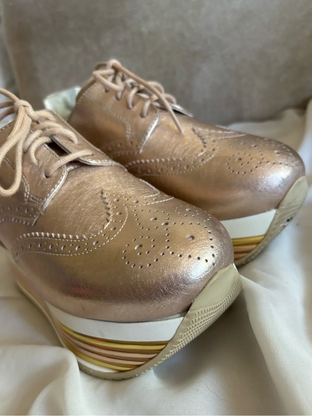 Hogan Rose Gold Italian Leather Euro Platform Wingtip Oxford Lace Up Sneakers 4